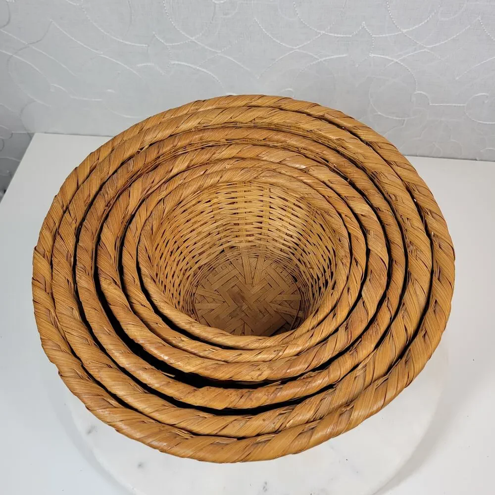 6 VTG Nesting Wicker Baskets Tan Brown Woven Chevron Boho Baskets Cottage Core